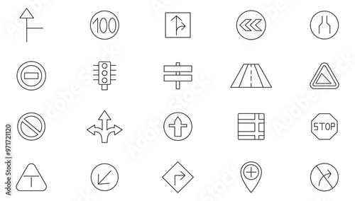 Road sign line icon set. Road signs, fences, highway, highways, road barrier, paver, bulldozer, road junction, bridge, graver,  traffic lights icon set. UI thin line icon pack.