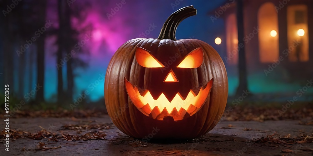 Obraz premium Glowing Jack-o'-lanterns on Wooden Surface with Autumn Pumpkins and Warm Candlelight for Halloween