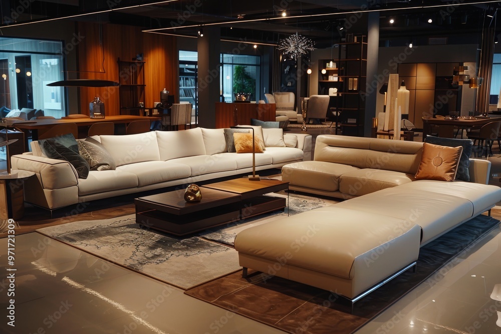 Fototapeta premium furniture showroom, displaying designer sofas, coffee tables