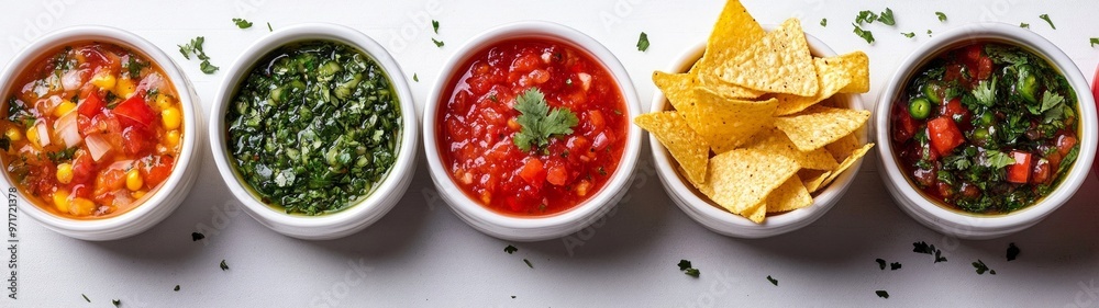 Vibrant Salsa Medley with Crispy Chips, a colorful assortment of fresh salsas alongside crunchy tortilla chips, set against a clean white backdrop for a delightful presentation. Vibrant Salsa Medley with Crispy Chips, a colorful assortment of fresh salsas alongside crunchy tortilla chips, set against a clean white backdrop for a delightful presentation.