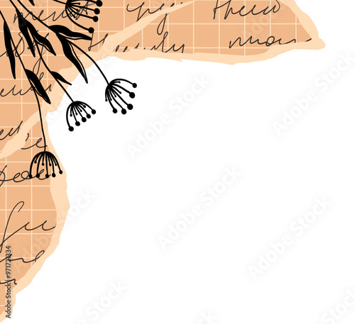 Corner frame of ripped paper with text and silhouette plant