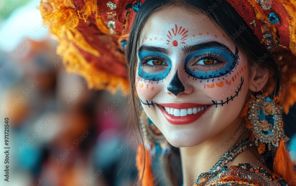 Celebrating Día de los Muertos with vibrant face paint and traditional attire in a lively street festival atmosphere Celebrating Día de los Muertos with vibrant face paint and traditional attire in a lively street festival atmosphere