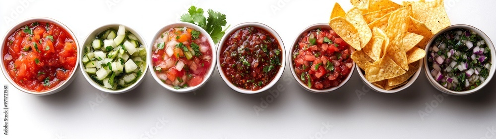 Vibrant Salsa Selection with Crispy Chips, an inviting display of colorful salsas paired with crunchy tortilla chips against a clean white backdrop, perfect for culinary appeal. Vibrant Salsa Selection with Crispy Chips, an inviting display of colorful salsas paired with crunchy tortilla chips against a clean white backdrop, perfect for culinary appeal.
