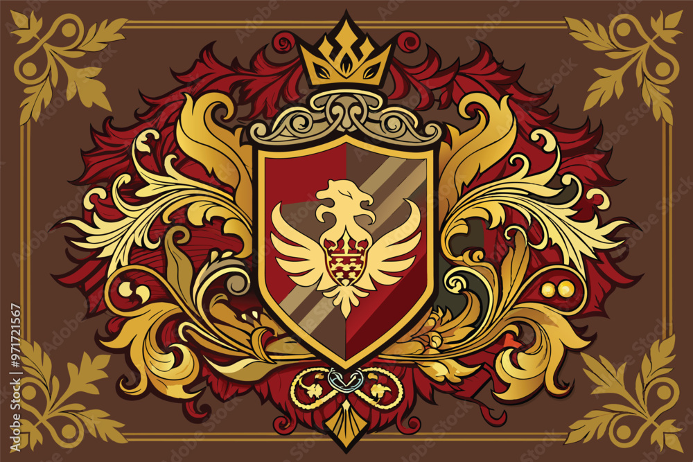 Decorative shield design featuring intricate floral patterns and a crown, ideal for medieval themes or heraldic representations on a gray background Decorative shield design featuring intricate floral patterns and a crown, ideal for medieval themes or heraldic representations on a gray background