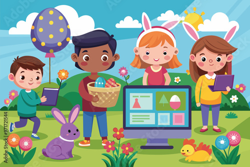 Children celebrating Easter outdoors with colorful decorations, baskets of eggs, and playful animals in a sunny park during springtime festivities