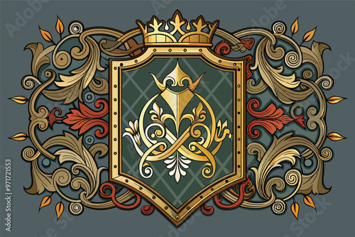 Decorative shield design featuring intricate floral patterns and a crown, ideal for medieval themes or heraldic representations on a gray background