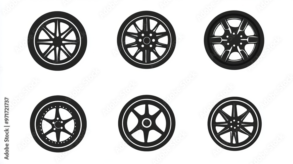 Set of black car rims featuring silhouettes of automobile disc rims Includes round vehicle steel wheel icons for cargo and motor services pictograms isolated for the car industry Set of black car rims featuring silhouettes of automobile disc rims Includes round vehicle steel wheel icons for cargo and motor services pictograms isolated for the car industry