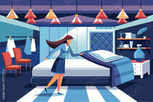A woman makes her bed in a cozy, modern bedroom filled with blue tones and warm lighting, creating a serene atmosphere at home during the afternoon