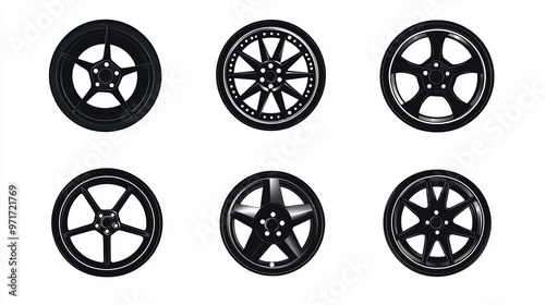 Set of black car rims featuring silhouettes of automobile disc rims Includes round vehicle steel wheel icons for cargo and motor services pictograms isolated for the car industry