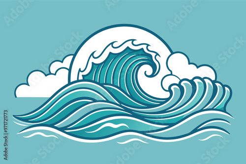 Colorful ocean waves with a cresting curl and clouds in the sky, capturing the beauty of nature's movements during a bright tropical day