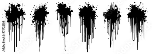 Vector set of black ink splashes. Black paint dripping.