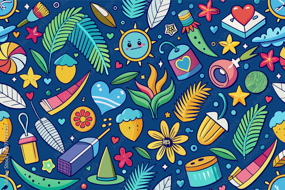 Colorful summer-themed pattern featuring ice cream, fruit slices, and vibrant shapes on a dark blue background, creating a fun and cheerful atmosphere ideal for seasonal celebrations Colorful summer-themed pattern featuring ice cream, fruit slices, and vibrant shapes on a dark blue background, creating a fun and cheerful atmosphere ideal for seasonal celebrations