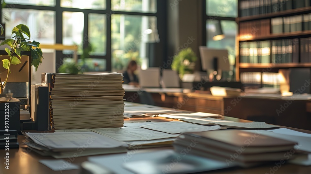An office environment where back office banking operations are carried out with physical tools like ledger books, transaction slips, and compliance forms. Highlight staff working with these documents An office environment where back office banking operations are carried out with physical tools like ledger books, transaction slips, and compliance forms. Highlight staff working with these documents
