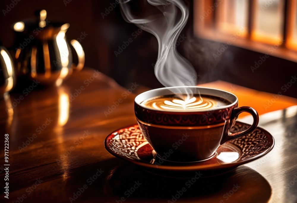 stylish coffee cup emitting steam beautifully decorative backdrop vibrant colors intricate patterns, art, design, ceramic, beverage, hot, drink, elegance stylish coffee cup emitting steam beautifully decorative backdrop vibrant colors intricate patterns, art, design, ceramic, beverage, hot, drink, elegance