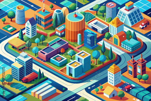 A vibrant cityscape showcasing modern architecture and community spaces with parks, buildings, and roads during a sunny day