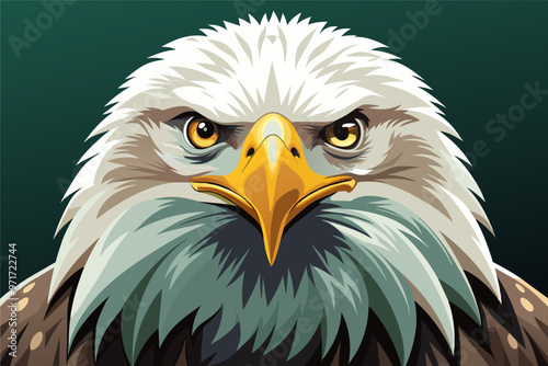 A detailed illustration of a fierce-looking eagle staring directly at the viewer with sharp eyes and a powerful beak, showcasing its majestic features against a dark green background