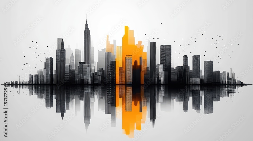 Fototapeta premium Monochrome Cityscape with Yellow Highlighted Buildings and Reflection in Water