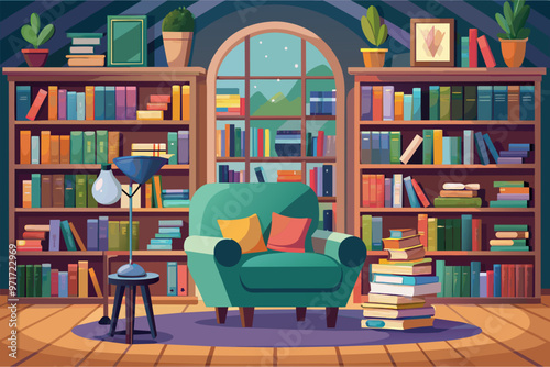 Cozy reading corner with a green armchair surrounded by bookshelves filled with colorful books and a stack of literature on the floor