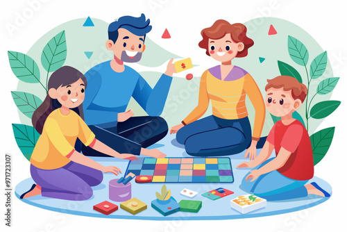 A family enjoys a game night together at home, sitting on the floor surrounded by colorful game pieces and enjoying quality time in a cozy atmosphere