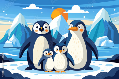 A group of penguins stands on an ice floe with snowy mountains and a vibrant sunset in the background, showcasing family bonds in the Antarctic environment