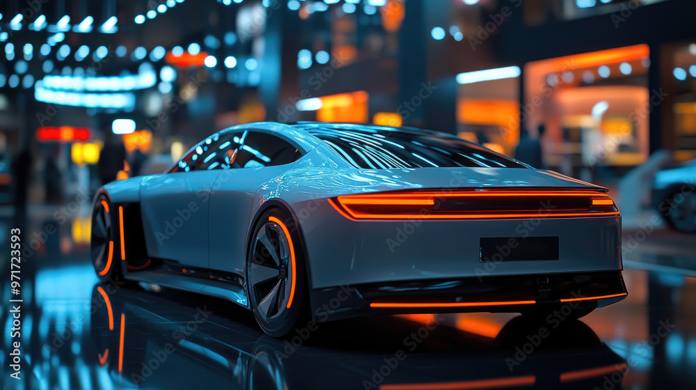 Futuristic Electric Car with Neon Lights in Modern Showroom at Night Futuristic Electric Car with Neon Lights in Modern Showroom at Night