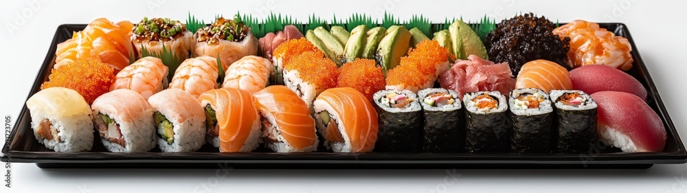 Sushi Delicacies Display, an elegant arrangement of vibrant sushi platters on a pristine white backdrop, showcasing expertly crafted rolls and fresh ingredients ready to enjoy. Sushi Delicacies Display, an elegant arrangement of vibrant sushi platters on a pristine white backdrop, showcasing expertly crafted rolls and fresh ingredients ready to enjoy.
