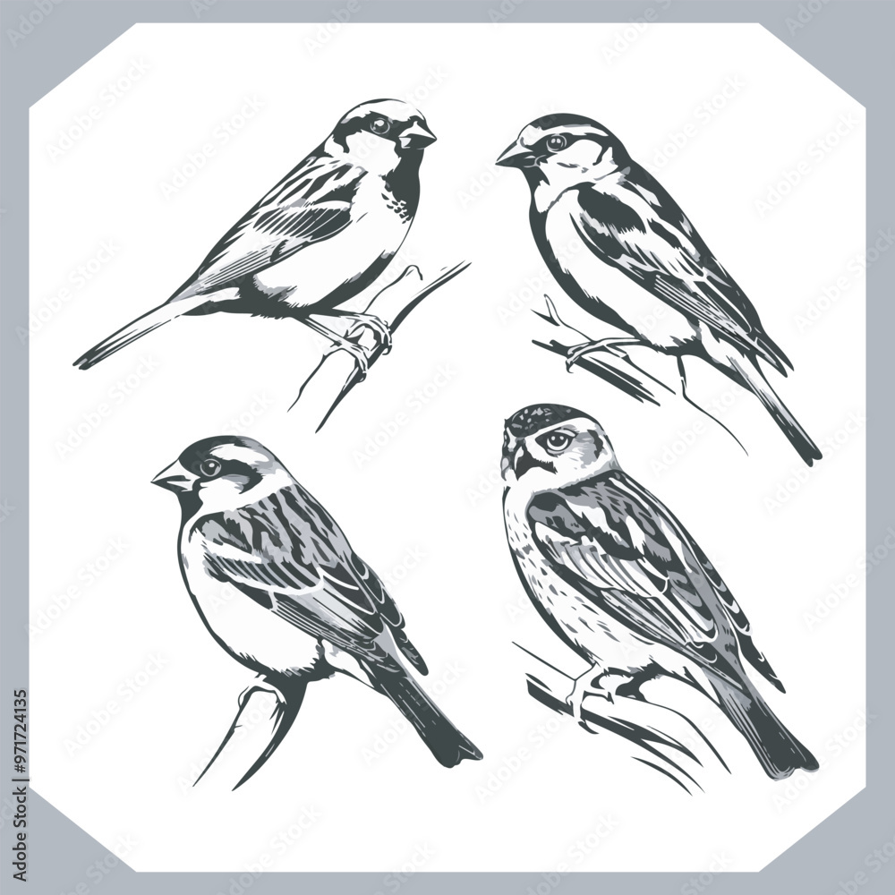 Fototapeta premium Set of Sparrow bird silhouette collection, Sparrow flying design, bird black silhouettes of different kinds sparrow vector flat isolated