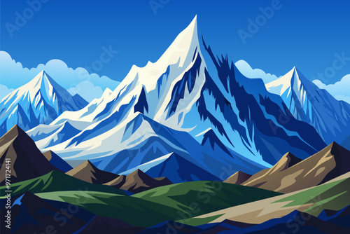 Majestic mountain landscape featuring snowy peaks and lush green valleys under a clear blue sky during daylight hours