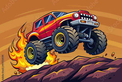A vibrant monster truck leaps over rugged terrain, leaving a trail of flames and dust in a dramatic display of power and speed during an exciting off-road event