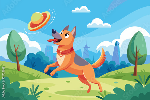 A playful dog jumps joyfully in a park while catching a flying frisbee under a bright blue sky with fluffy clouds