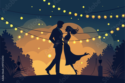 A romantic evening under string lights with a couple dancing in an outdoor setting at twilight, surrounded by soft lighting and a beautiful sky