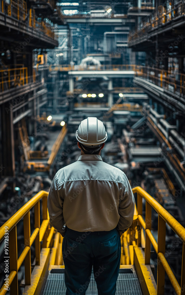 Back View of Industrial Worker with Hard Hat Overlooking Large Factory Floor with Complex Machinery and Yellow Railings in Manufacturing Setting