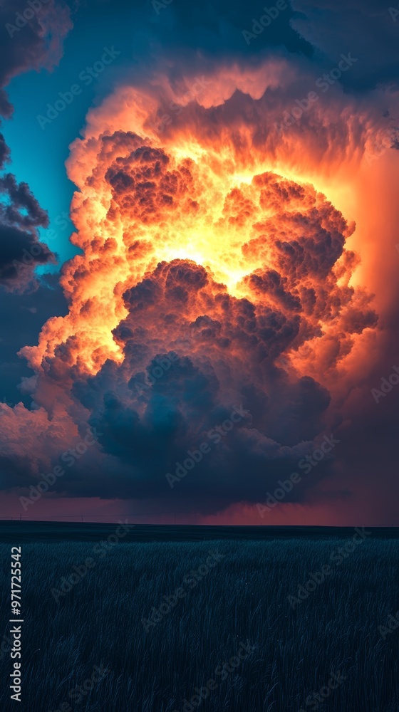 Explosive thunderclouds over dark landscape during sunset