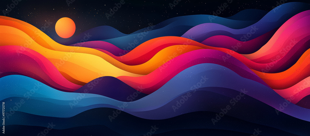 Fototapeta premium Abstract colorful waves with a sun in the night sky