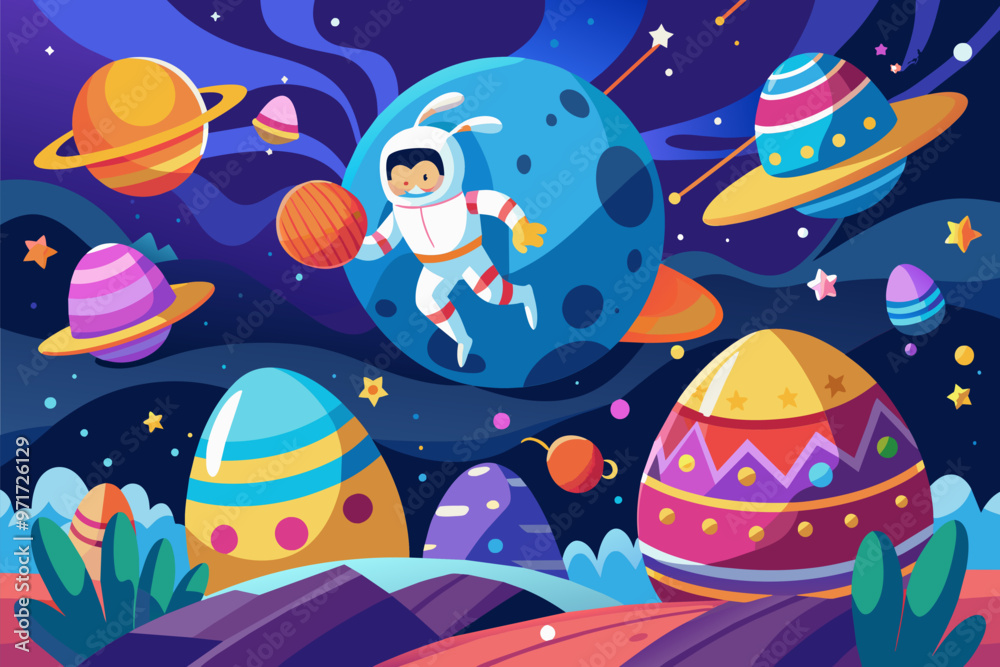An astronaut in a colorful space landscape with planets and decorated Easter eggs amidst vibrant stars and swirling galaxies An astronaut in a colorful space landscape with planets and decorated Easter eggs amidst vibrant stars and swirling galaxies