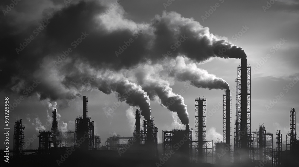 Expansive Industrial Landscape with Factories Emitting Thick Smoke from Tall Chimney Expansive Industrial Landscape with Factories Emitting Thick Smoke from Tall Chimney