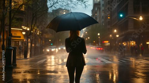 Solitude in the City Rain: A lone woman with an umbrella walks a glistening city street at night, reflecting the urban lights in puddles. 