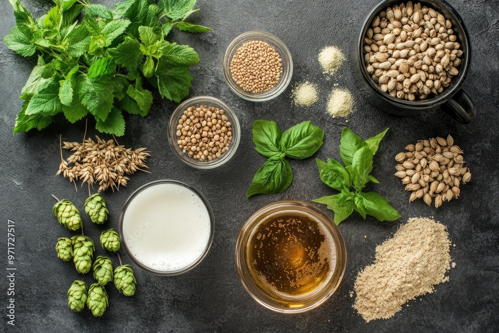 Beer ingredients, including hops, barley, and malt, arranged neatly around a beer mug Beer ingredients, including hops, barley, and malt, arranged neatly around a beer mug