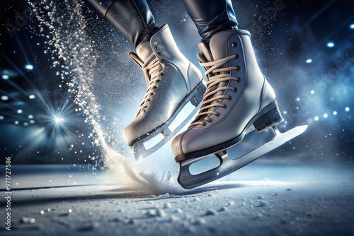 Close-up of ice skates cutting through ice, creating a spray of snow in a dramatic setting copy space