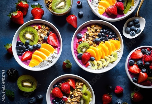 Wallpaper Mural colorful nutritious smoothie bowls brimming fresh crunchy wholesome textures refreshing treat, acai, fruit, topping, berry, banana, kiwi, granola, seed, chia Torontodigital.ca