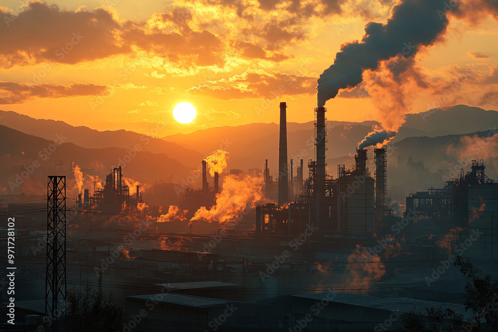 Expansive Industrial Landscape with Factories Emitting Thick Smoke from Tall Chimney Expansive Industrial Landscape with Factories Emitting Thick Smoke from Tall Chimney