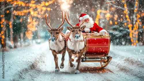 Santa claus riding sleigh pulled by reindeer in snowfall photo