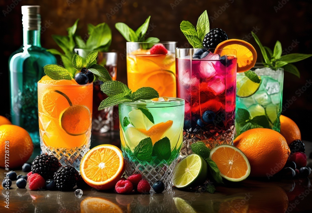 vibrant cocktail ingredients artfully arranged captivating display featuring fresh colorful liquors, fruits, herbs, garnishes, glassware, ice, mixers vibrant cocktail ingredients artfully arranged captivating display featuring fresh colorful liquors, fruits, herbs, garnishes, glassware, ice, mixers
