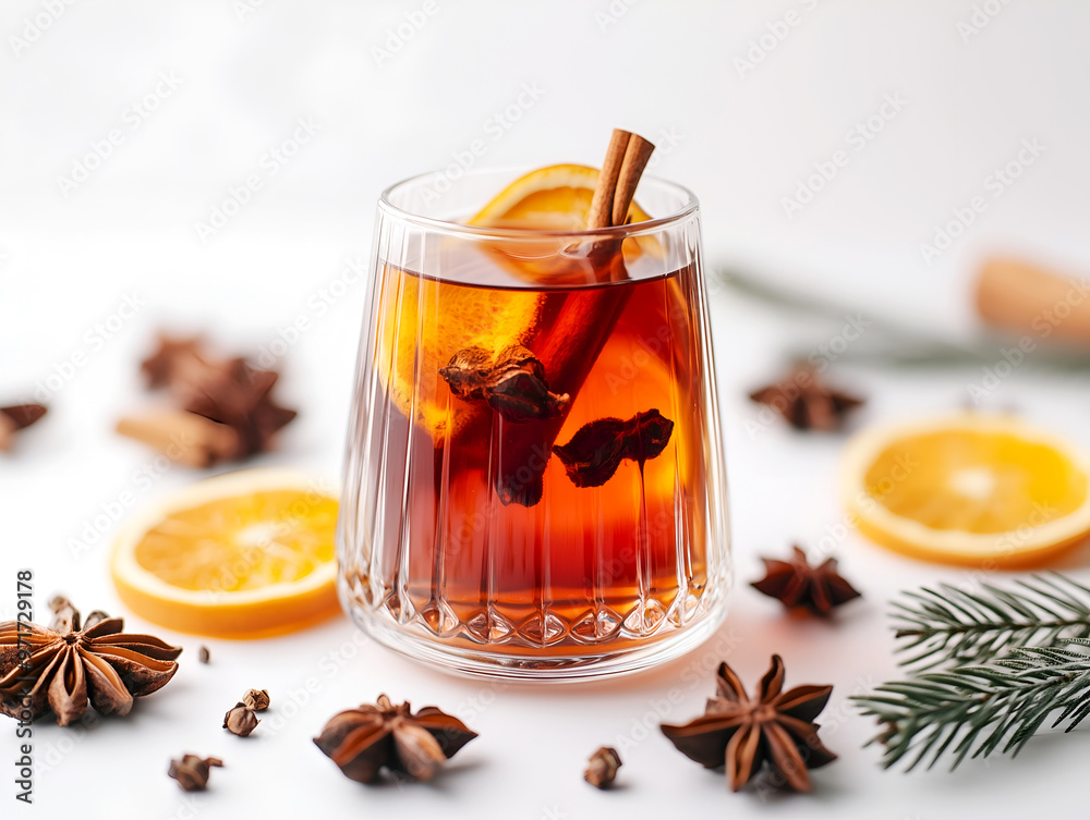 Glass of festive mulled wine with cinnamon and star anise, garnished with orange slices, isolated on white. Perfect for holiday menus, seasonal advertising, and social media. Glass of festive mulled wine with cinnamon and star anise, garnished with orange slices, isolated on white. Perfect for holiday menus, seasonal advertising, and social media.