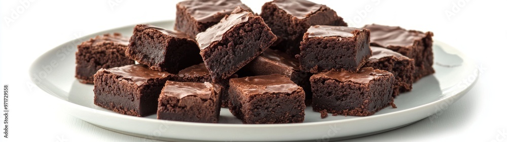 Decadent Chocolate Fudge Brownies on a Simple Dish, indulgent dessert presentation, rich textures, inviting appearance, minimalistic white backdrop enhancing the treat's allure Decadent Chocolate Fudge Brownies on a Simple Dish, indulgent dessert presentation, rich textures, inviting appearance, minimalistic white backdrop enhancing the treat's allure