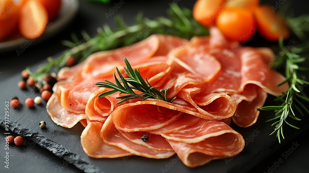 Thinly sliced prosciutto with rosemary and peppercorns on a black slate plate. Thinly sliced prosciutto with rosemary and peppercorns on a black slate plate.