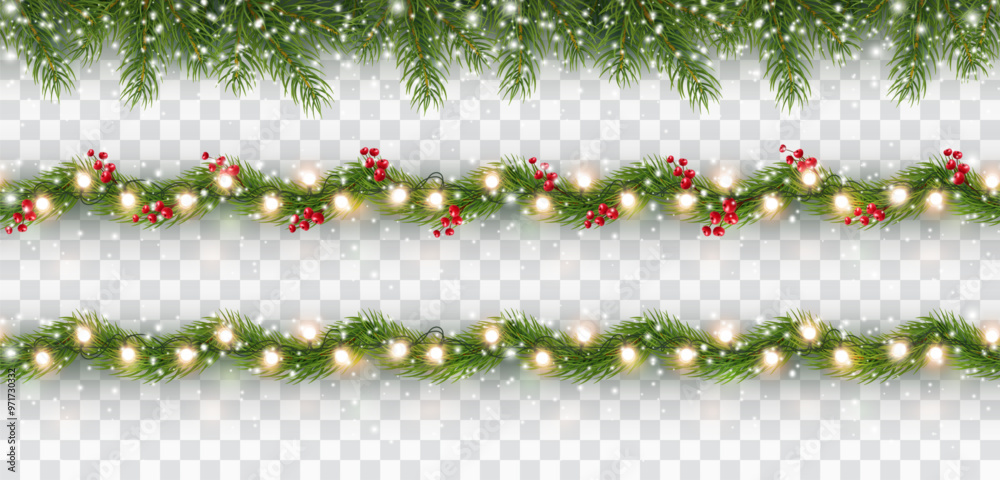 Borders with green fir branches, lights isolated on transparent background. Pine, xmas evergreen plants banners. Vector snow Christmas tree garland set