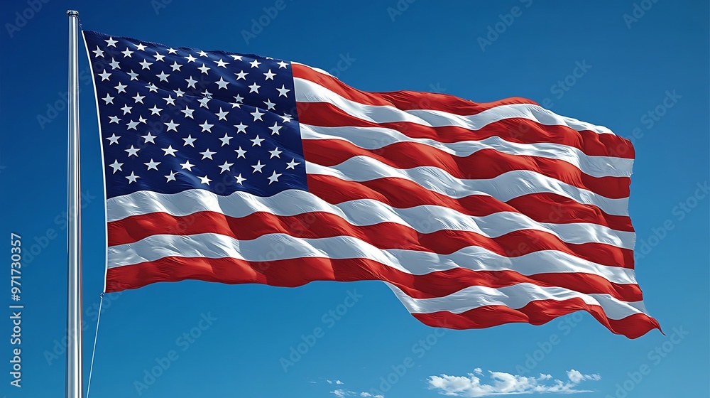 The American flag waves proudly against a clear blue sky. The American flag waves proudly against a clear blue sky.