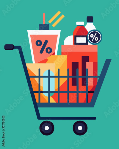A shopping cart filled with basic necessities and a total cost that is significantly higher than it would have been a year ago.. Vector illustration