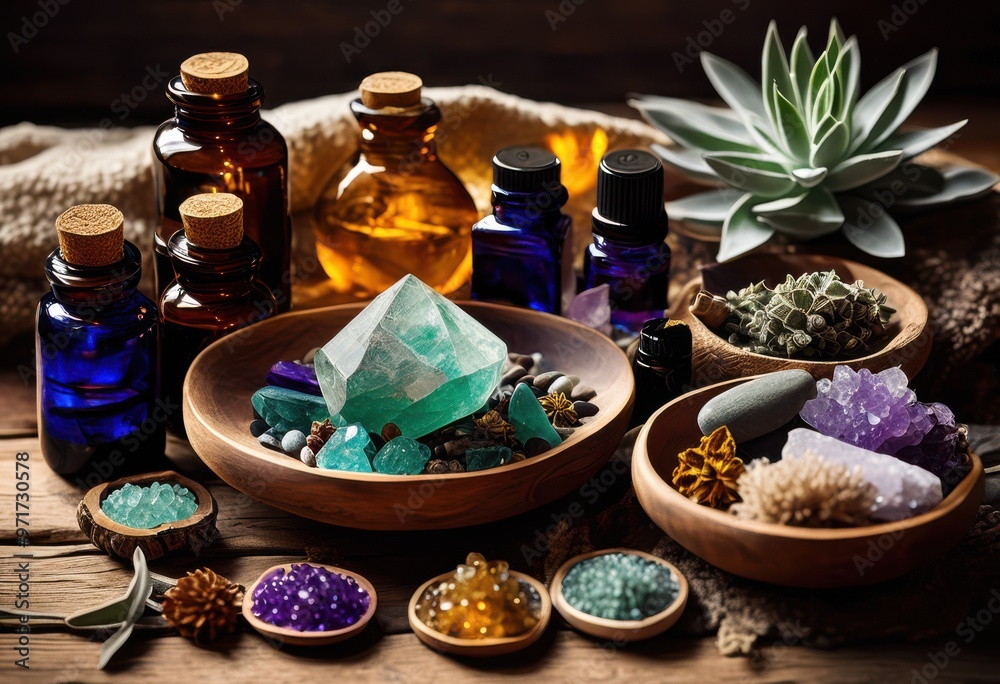 aesthetic arrangement various healing tools displayed textured surface wellness practices, aromatherapy, essential, oils, crystals, holistic, massage